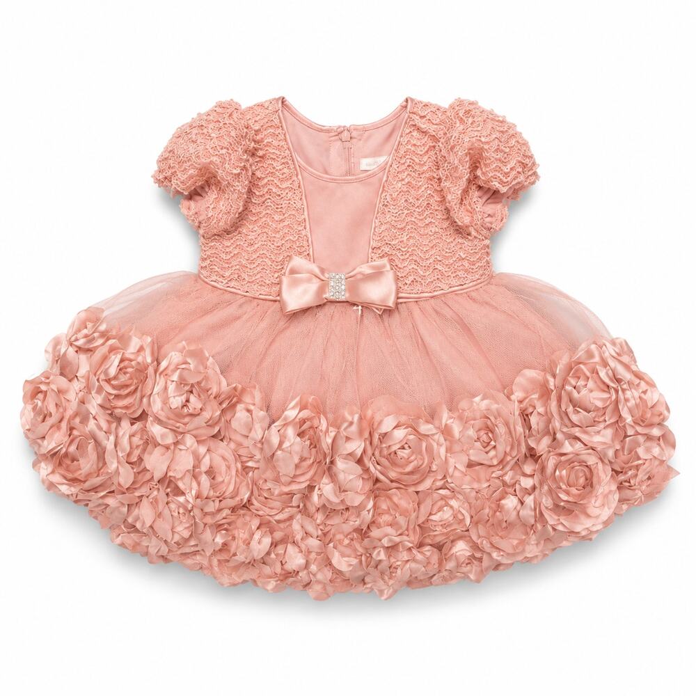 Nannette Baby 3-6M Pink Formal Dress 3D Roses Tulle Bow Rhinestone EUC
